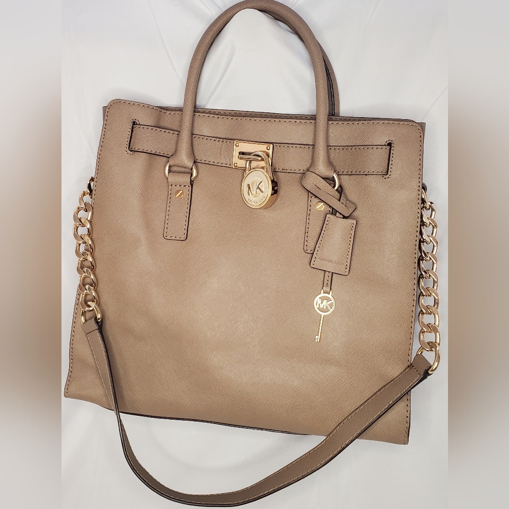 MICHAEL KORS taupe saffiano leather Hamilton North South tote